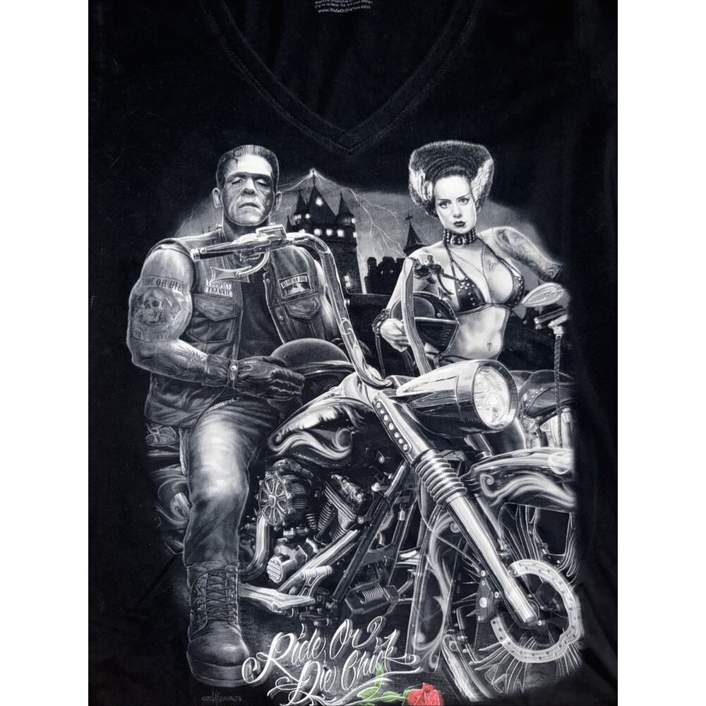 Ride Or Die Chick Gothic Biker Motorcycle Frankenstein Bride Graphic Tee XL - Picture 2 of 3